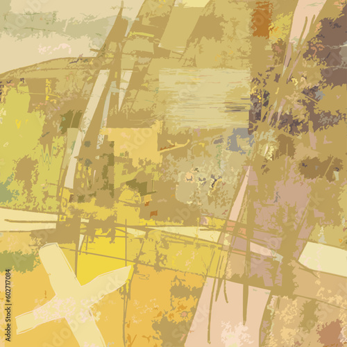 Vecteur à partir d'une Illustration numérique abstraite, motif paysage vue du ciel, carrés et lignes, oeuvre d'art moderne, couleurs jaune vert doré, automne