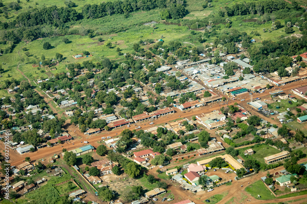 Aerial view of the small city of Torit in South Sudan, Africa
