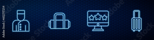 Set line Five stars rating review, Concierge, Suitcase and . Glowing neon icon on brick wall. Vector