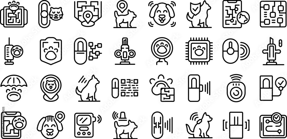 Microchip for pet icons set outline vector. Digital future. Reader teg