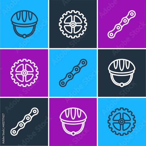 Set line Bicycle helmet, chain and sprocket crank icon. Vector