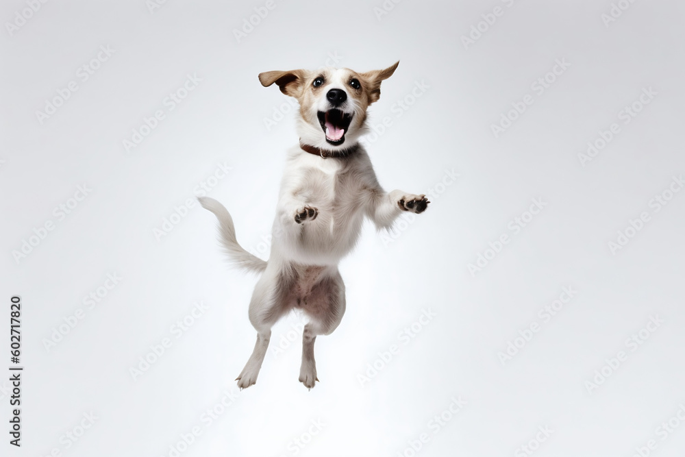 Happy dog ​​jumping on a white background. 
Great concept for banners for petshops and virtual stores in the pet niche. Generative AI