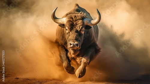 Buffalo running with dust. Stampede concept. Generative ai © NK