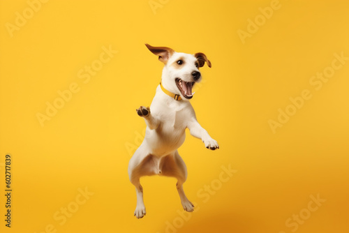 Happy dog ​​jumping on a yellow background. Great concept for banners for petshops and virtual stores in the pet niche. Generative AI