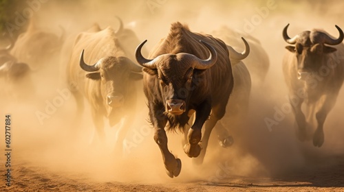 Buffalo running with dust. Stampede concept. Generative ai
