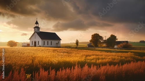 a white wooden American Protestant church in the fields - generative ai