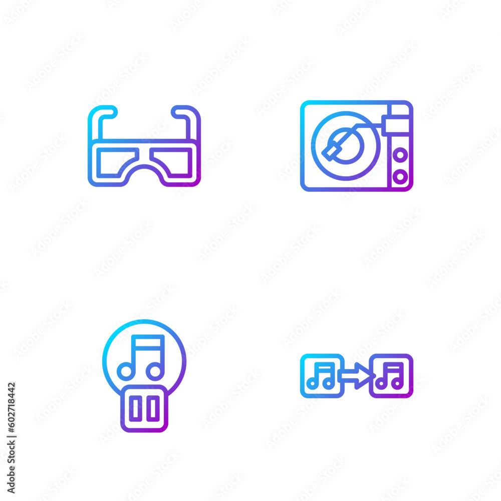 Set line Music note, tone, Pause button, Glasses and Vinyl player with vinyl disk. Gradient color icons. Vector Set line Music note, tone, Pause button, Glasses and Vinyl player with vinyl disk. Gradient color icons. Vector