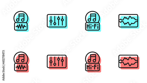 Set line Music note, tone, , Sound mixer controller and wave equalizer icon. Vector