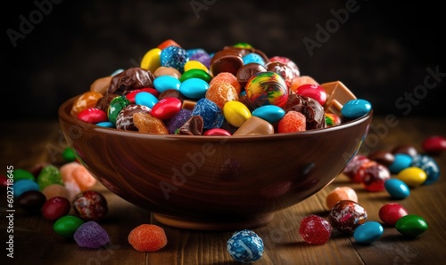  a wooden bowl filled with assorted candy on top of a table. generative ai