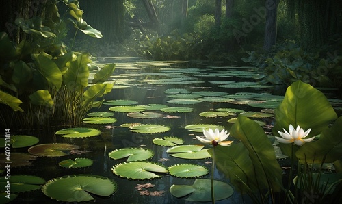  a painting of lily pads and water lillies in a pond. generative ai