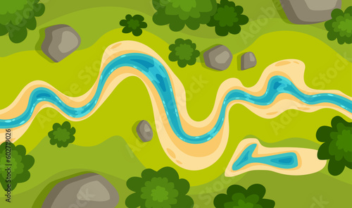 Flowing river top view. Curve riverbed and coastline with stones, trees and green field. Summer landscape scene. Vector illustration.