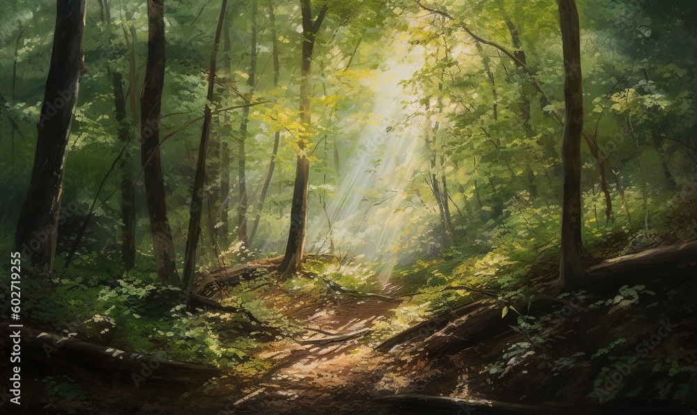 Obraz premium a painting of a forest with sunlight coming through the trees. generative ai