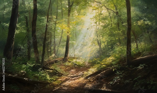  a painting of a forest with sunlight coming through the trees. generative ai