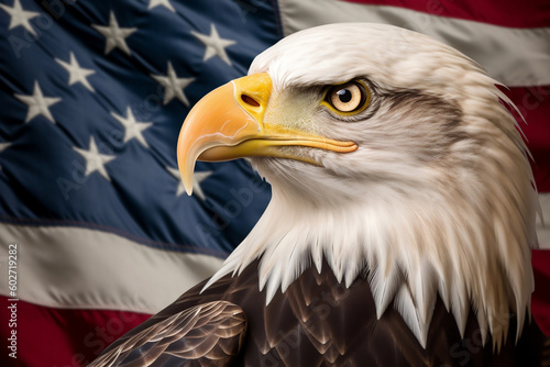 Closeup profile of North American bald eagle against USA flag. The 4th of July celebration, Independence Day of USA. AI generative photo
