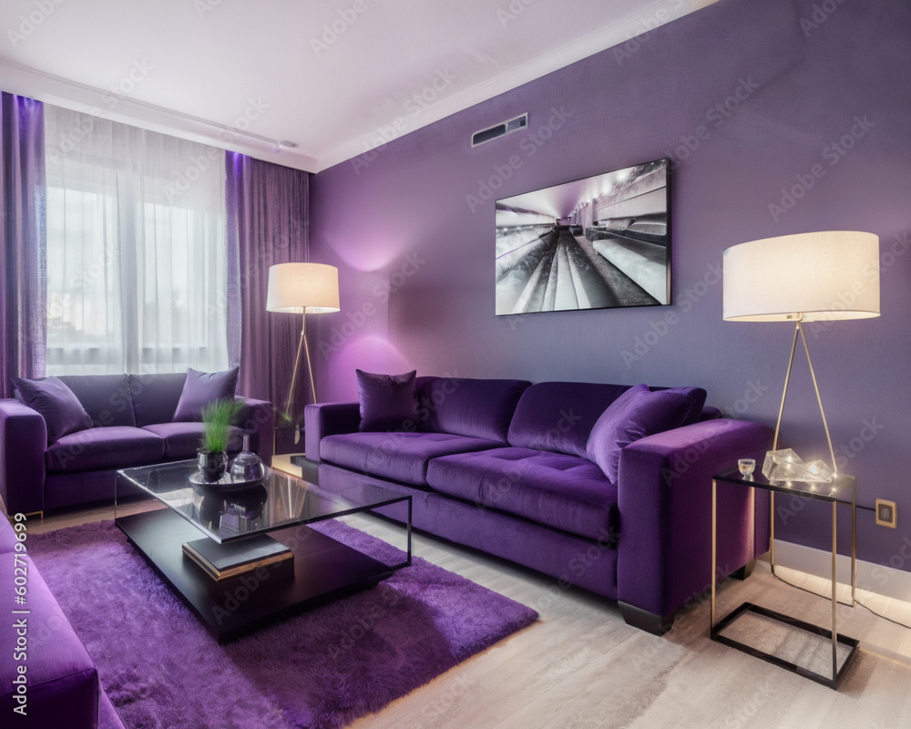 Interior design of a living room with long purple sofa and cushions in ...
