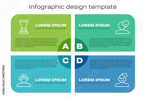 Set line Concussion, headache, Old hourglass, and Sad and depressed man, bad mood. Business infographic template. Vector