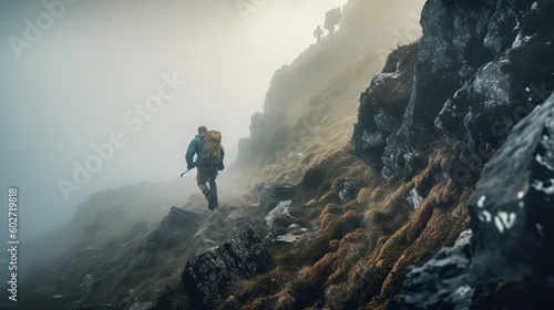 Man climbing the Mountain. heavy weather  fog. Man hiking with backpack. 