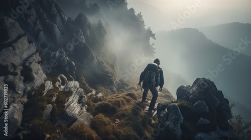 Man climbing the Mountain. heavy weather, fog. Man hiking with backpack.  © Photo And Art Panda