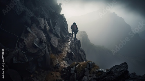 Man climbing the Mountain. heavy weather, fog. Man hiking with backpack. 