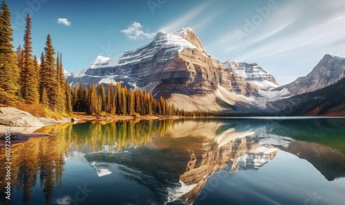  a mountain range is reflected in the still water of a lake. generative ai