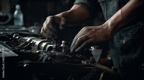 Hand auto mechanic using the wrench to repairing car engine problem. Concepts of check and fix car and maintenance servicing. Generative ai