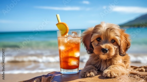 Dog on the beach with a cocktail. Generative ai