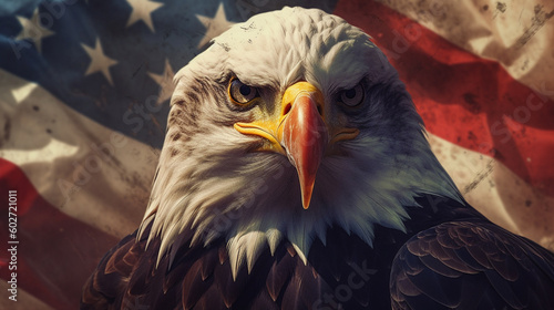 American Eagle Close Up with USA Flag in the Background - Weathered Grunge Overlay - Patriotic Holiday Theme, Veterans Day, Memorial Day, Fourth of July - Generative AI