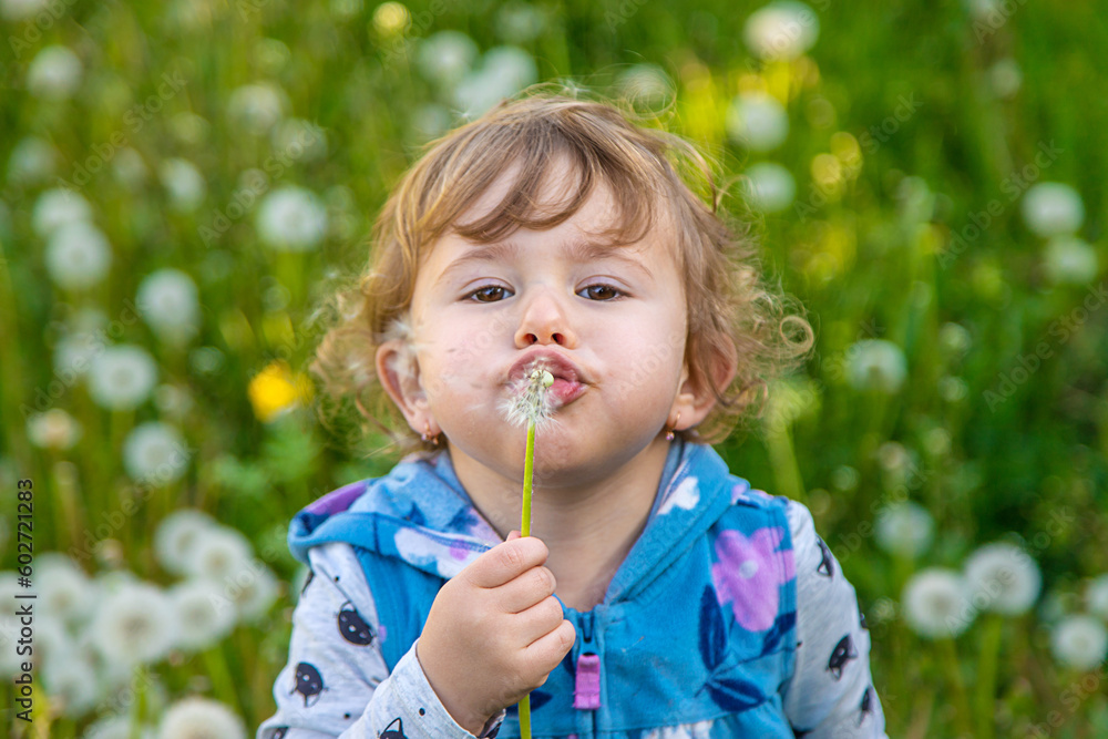 A child in nature blows a dandelion. Selective focus. A child in nature blows a dandelion. Selective focus.