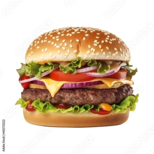 Tasty beef burger with cheese and salad on transparent background AI generated
