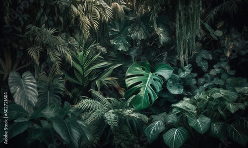  a lush green jungle filled with lots of plants and trees.  generative ai