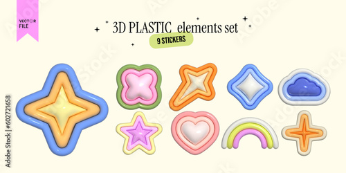 Vector illustration - Set of groovy colourful stickers. Inflated 3D elements with the plasticine effect. Trendy shapes -  Stars, Heart, Cloud, Rainbow, Flower.