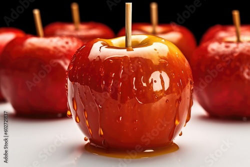 Sweet glazed sweet red caramel apples typical of festa junina with sticks, called Toffee Apples, Generative AI