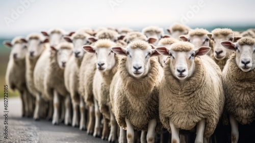Flock of sheep staring in the same direction. Generative ai