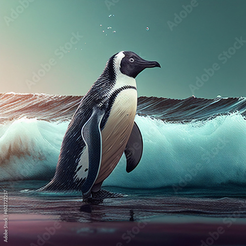 Um pinguim com ondas ao fundo