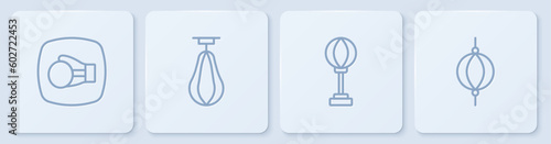 Set line Boxing glove, Punching bag, and . White square button. Vector