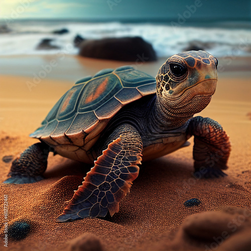 Pequena tartaruga na areia de uma praia photo