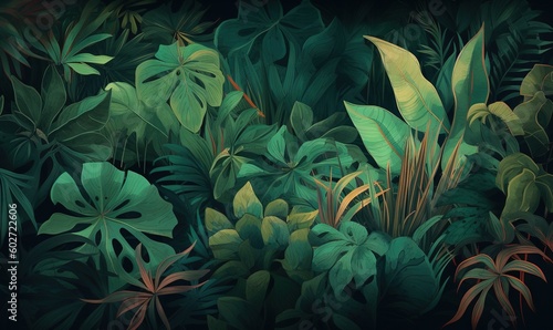  a painting of green leaves and plants in a dark room.  generative ai