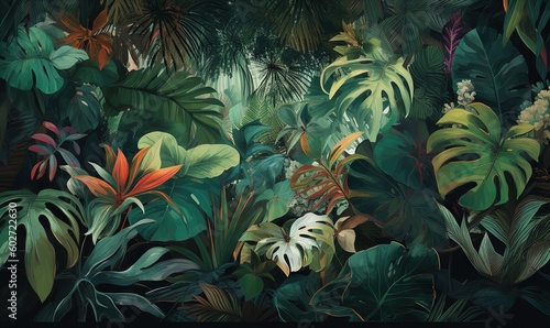  a painting of tropical plants and trees in a jungle setting. generative ai