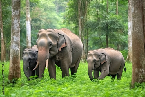 Asia Elephants family walking in the natural park, Animal wildlife habitat in the nature forest, beautiful of life, massive body part, largest mammal, with Generative AI. © TANATPON