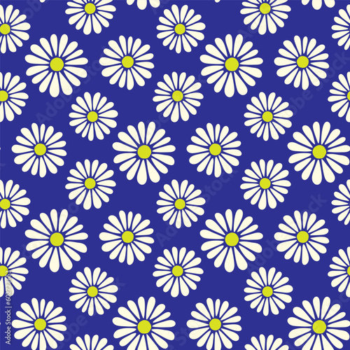 Beautiful small white chamomile flowers isolated on blue background. Cute floral seamless pattern. Vector simple flat graphic illustration. Texture.
