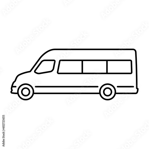 Minibus icon. Black contour linear silhouette. Side view. Editable strokes. Vector simple flat graphic illustration. Isolated object on a white background. Isolate.