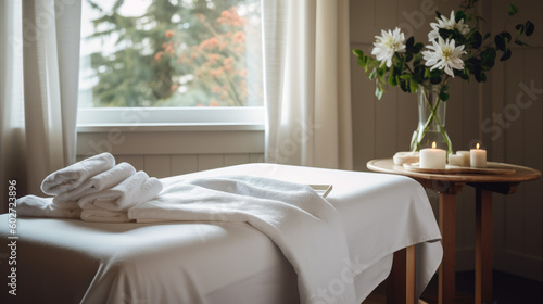 Serene Spa Retreat. Immerse yourself in tranquility with an empty massage table in a tranquil spa scene AI Generative