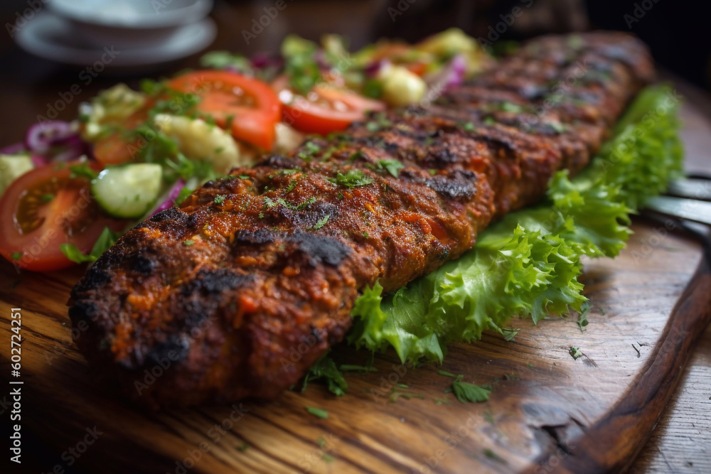 Appetizing juicy kebab with vegetables and herbs. Generative AI. Appetizing juicy kebab with vegetables and herbs. Generative AI.
