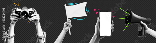 Collage element with hands and cutout shape and doodle element. Vintage vector set. Retro halftone effect. Hand gestures with the camera and the flag. Pack for advertising.