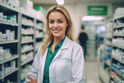 Portrait of a pharmacist: A friendly and professional young female pharmacist in a green shirt and white apron standing in a pharmacy and looking at the camera. Generative AI