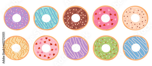 Big set of colorful donuts. Various types of donuts in glaze and chocolate, elements for design of cafe, menu, promo banner. Flat vector cartoon illustration.