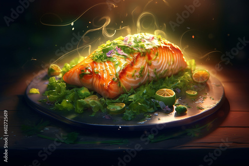 Grilled salmon steak with fries and green salad served on wooden table Generative AI.