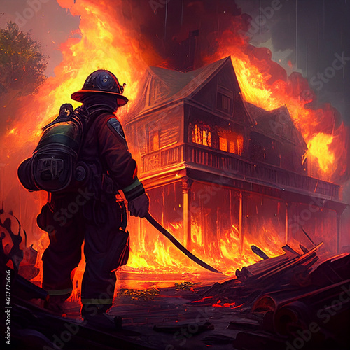Bombeiro em frente a uma casa em chamas ai generativa photo