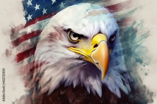 Illustration of North American bald eagle against USA flag. The 4th of July celebration, Independence Day of USA. AI generative photo
