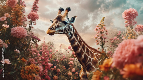 Giraffe Surrounded by Beautiful Flowers in a Muted Pastel Aesthetic with Surrealism Elements - Dreamy Background - Generative AI